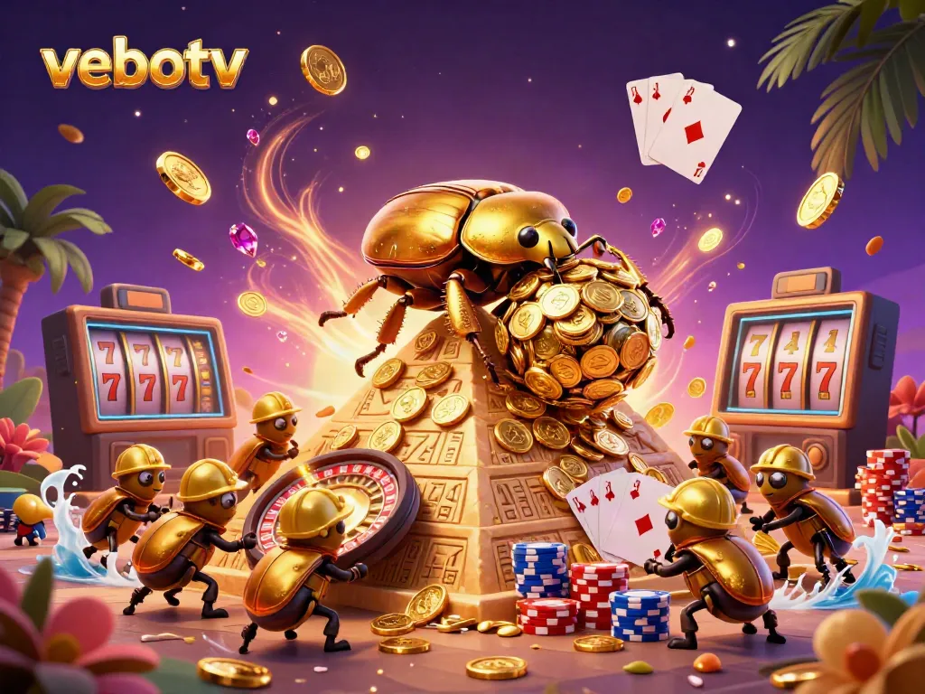 Vebotv showcases a vibrant casino scene with golden beetles rolling coins, symbolizing winning strategies.