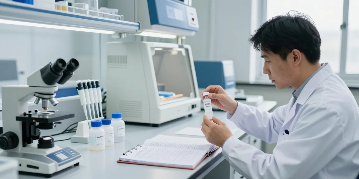 Researcher handling a lyophilized peptide vial in a bright laboratory environment.