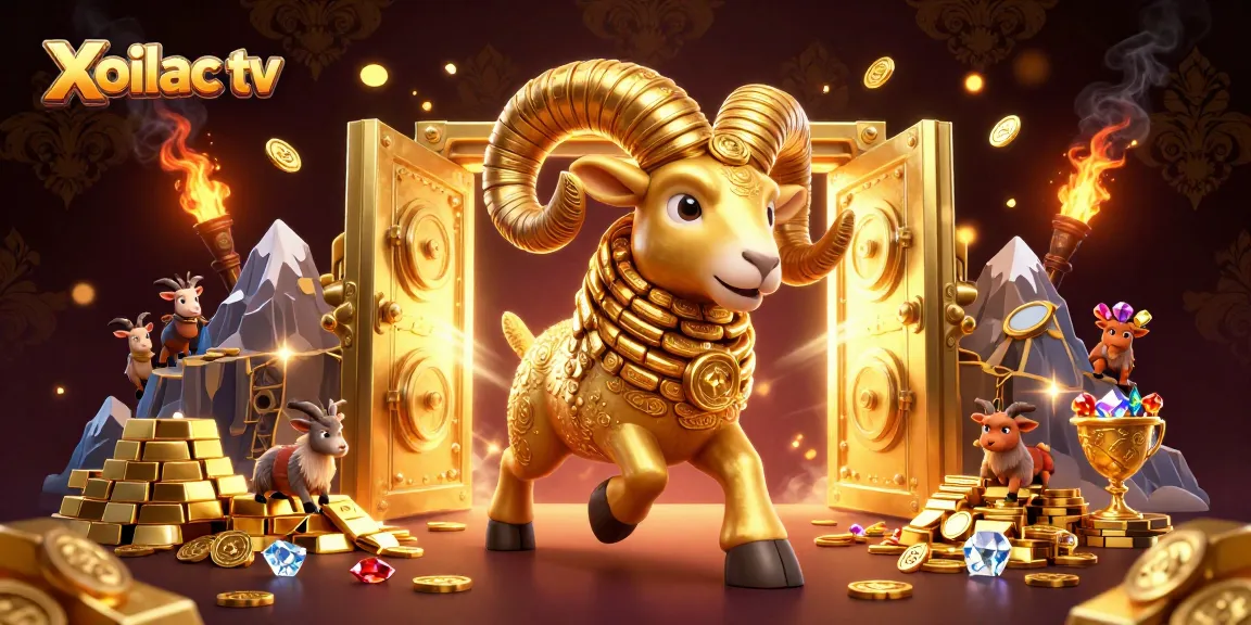 Xoilac tv presents a dynamic scene of golden treasures, vibrant gems, and a charging ram, embodying excitement in online betting.