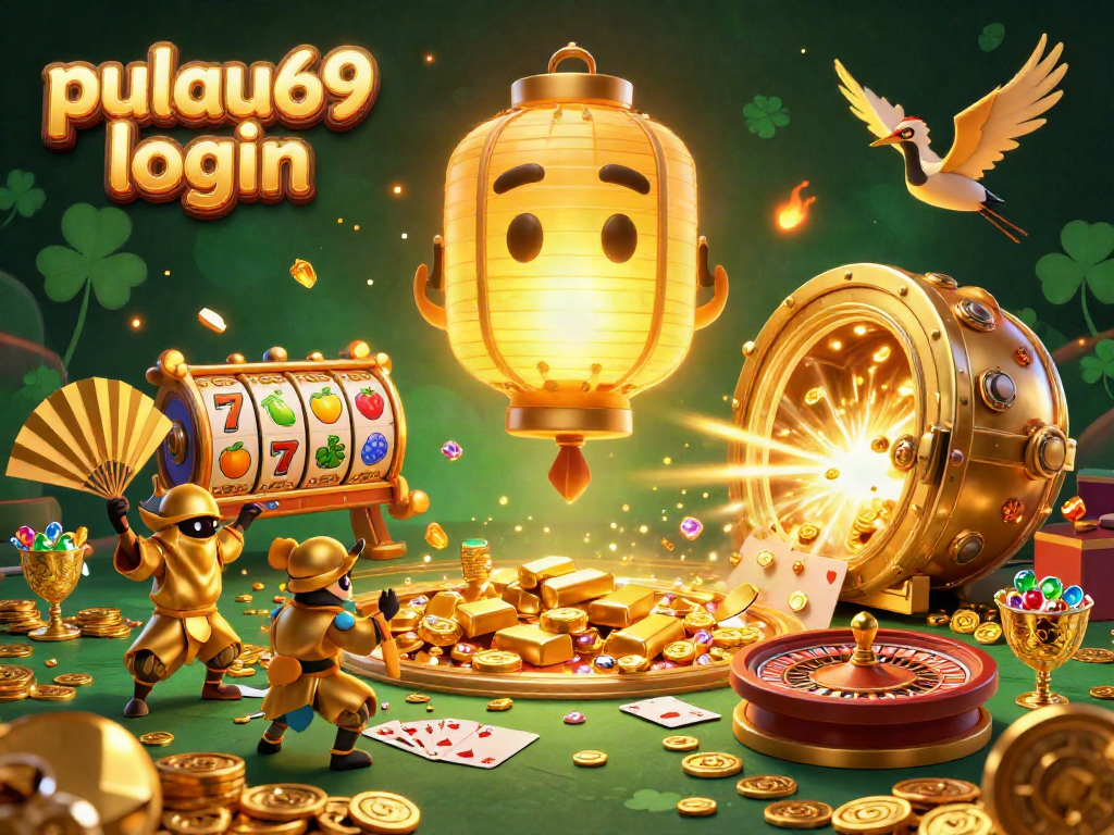 Join the excitement with pulau69 login, featuring a vibrant casino scene with a golden lantern spirit.