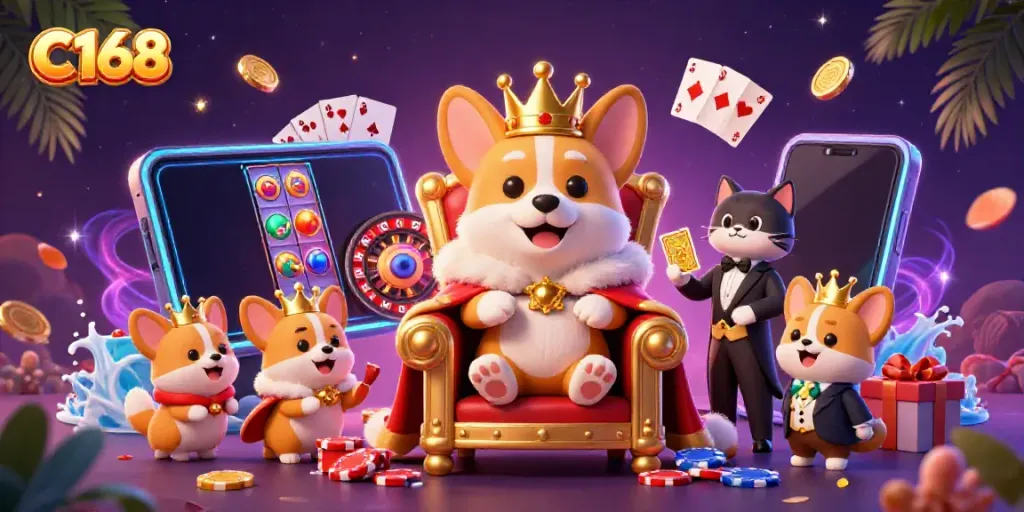 Experience C168's royal gaming world with a crowned corgi on poker chips, golden card deck, and dynamic slot games.