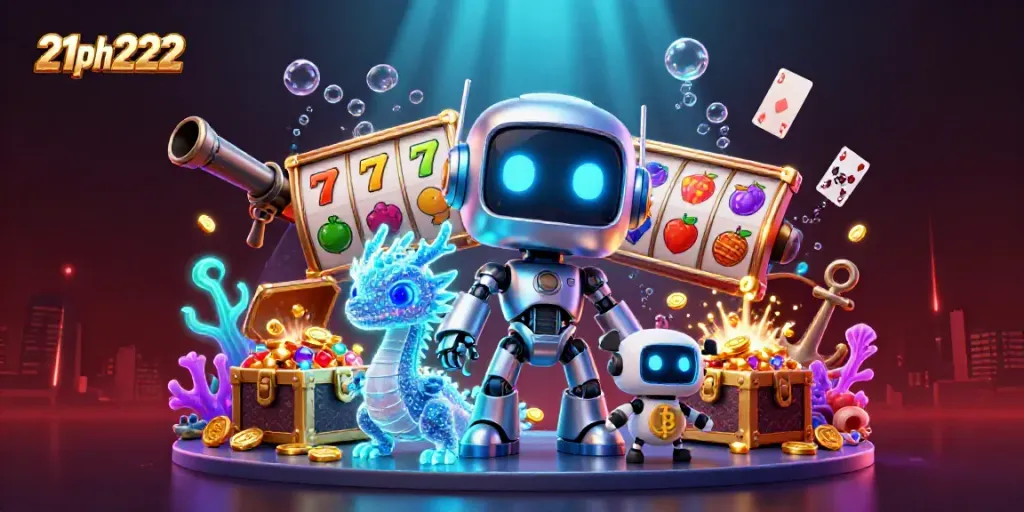 Experience the excitement of 21ph222 with a cyberpunk robot and a bitcoin-themed scene filled with vibrant casino elements.