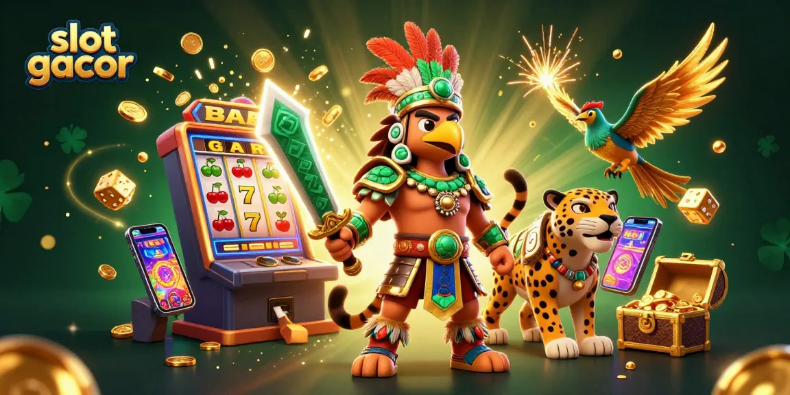 Play exciting slot gacor games amidst a vibrant scene capturing jackpots, lively elements, and colorful casino symbols.