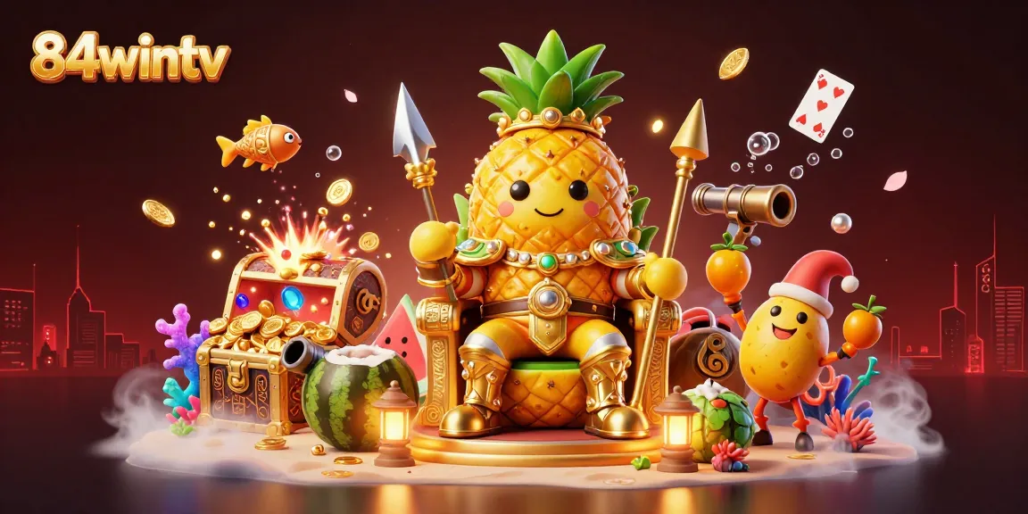 Experience the vibrant gameplay at 84wintv with an engaging scene featuring a golden pineapple king in lively casino action.