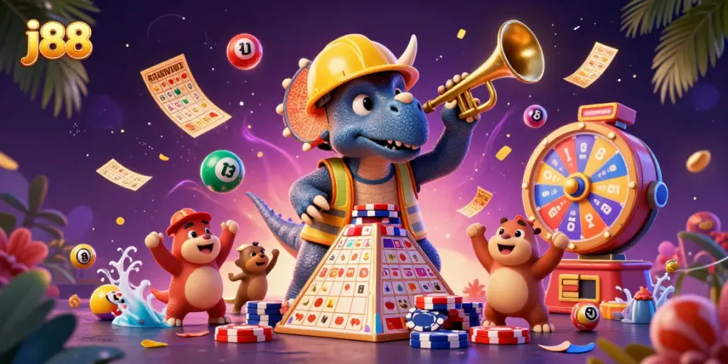 Experience j88 gaming excitement with cartoon dinosaurs celebrating in a vibrant casino-themed illustration.