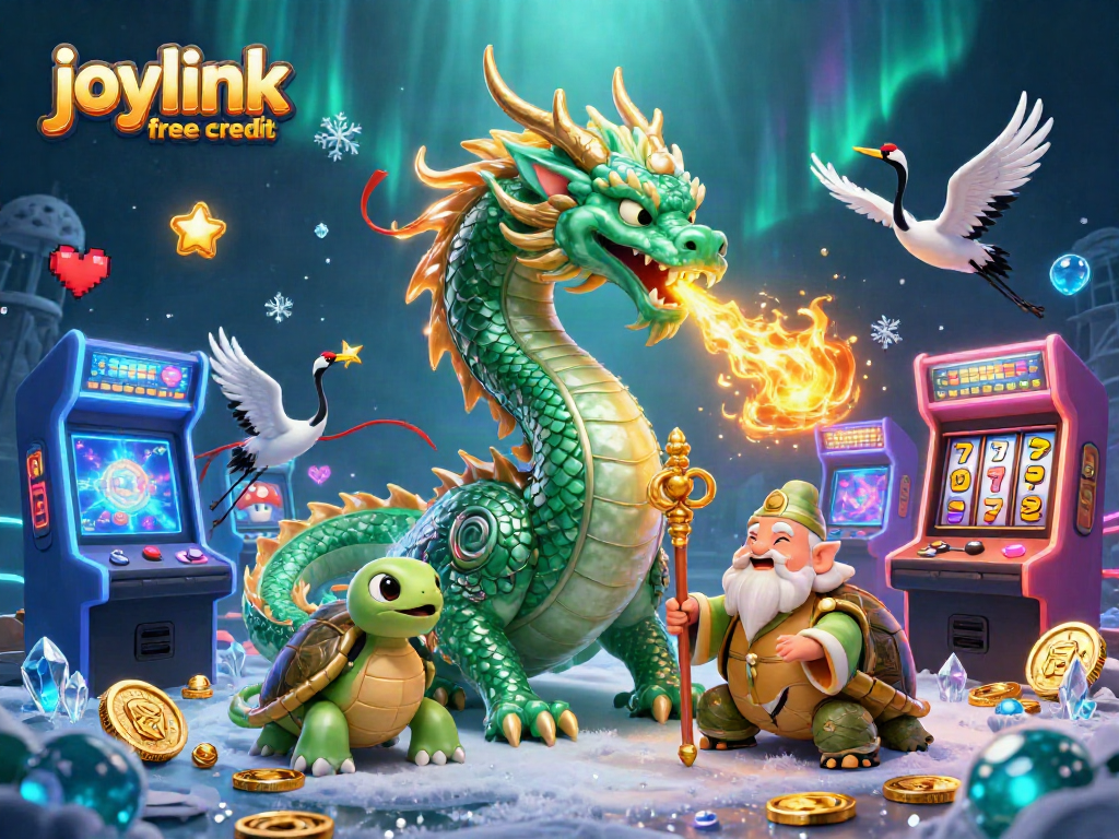 Spin and win with joylink free credit in an exciting 3D casino world featuring dragons and arcade games.