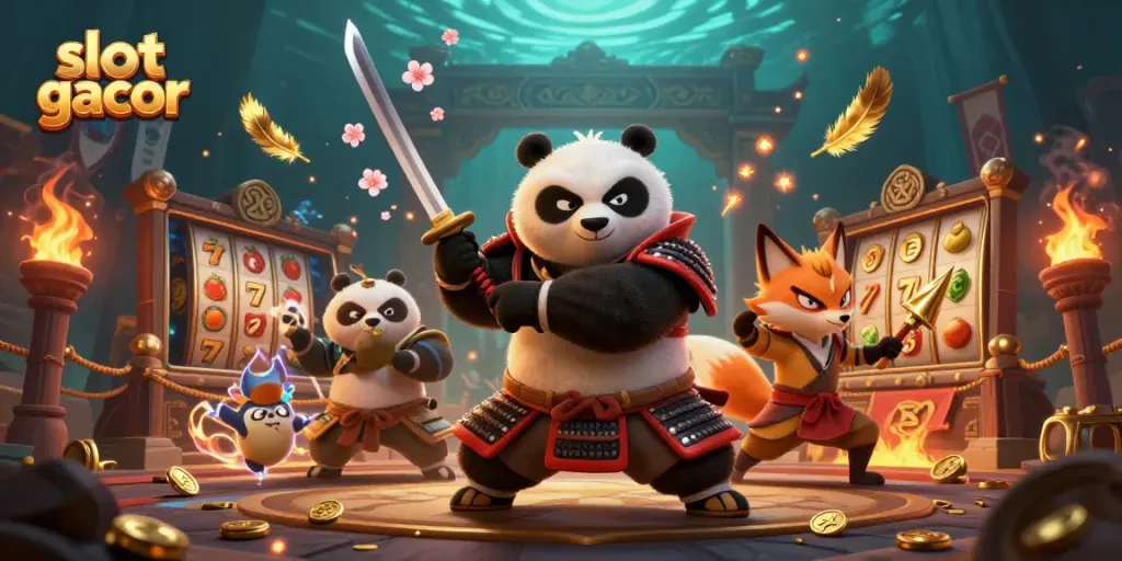 Experience slot gacor thrills with a dynamic samurai panda and ninja fox amidst vibrant casino elements.