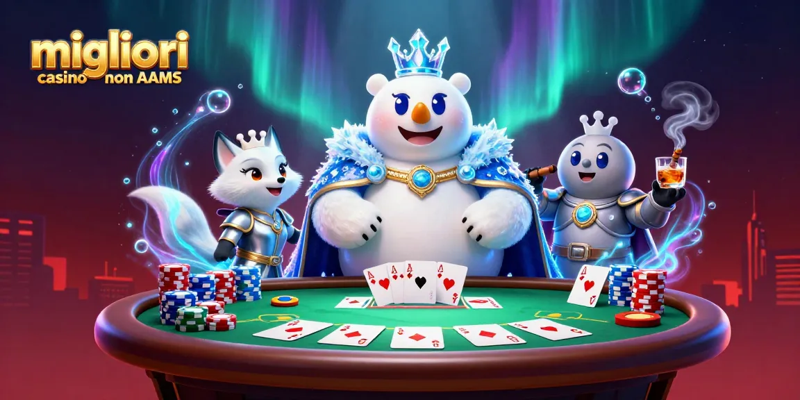 Scopri i migliori casino non AAMS con un orso polare giullare e una volpe in un casino vibrante.