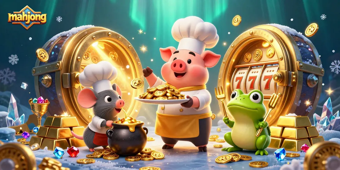Engage in mahjong excitement with a chef pig presenting gold treasures in a vibrant casino scene.