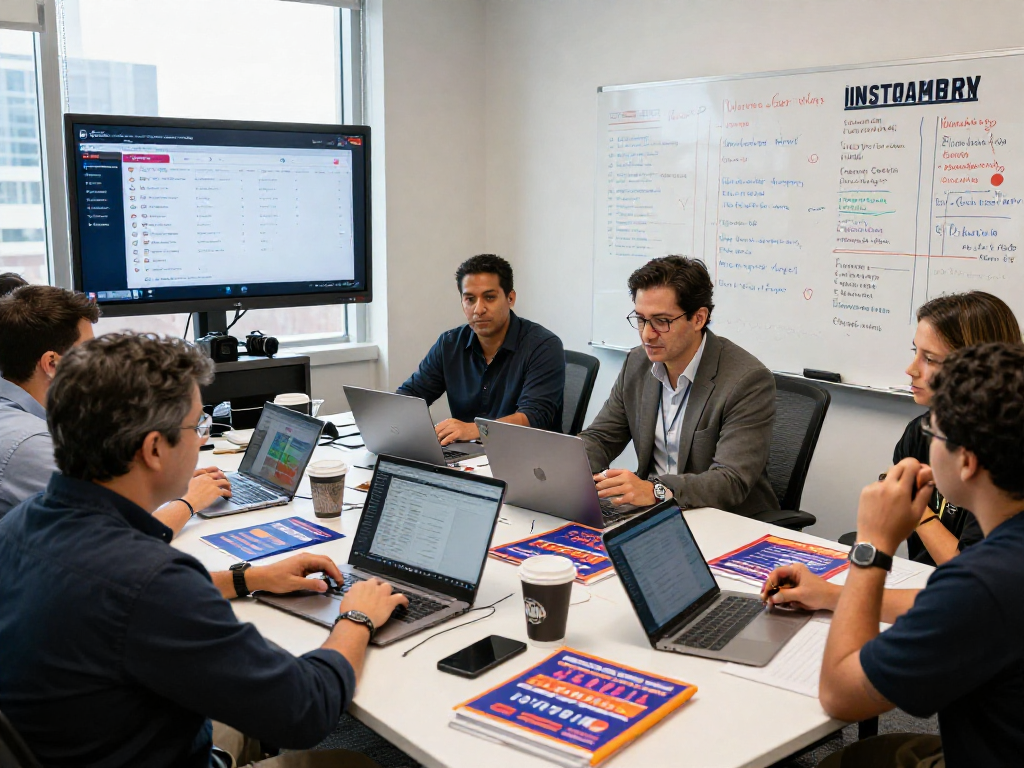 Effective political marketing team analyzing Instagram ads for campaigns in their strategy session.