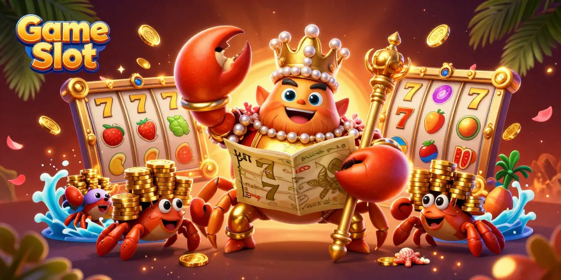 Experience the thrill of Game Slot as a golden crab emperor holds treasures amidst vibrant slot reels.
