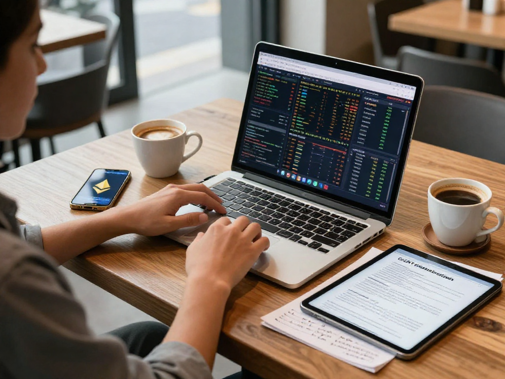 metatrader 5 官网：现代咖啡店内，加密货币交易者在笔记本电脑上研究区块链图表。