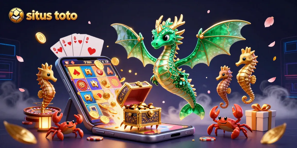 Engage with situs toto through an immersive treasure-filled 3D illustration of a sea dragon and gaming elements.