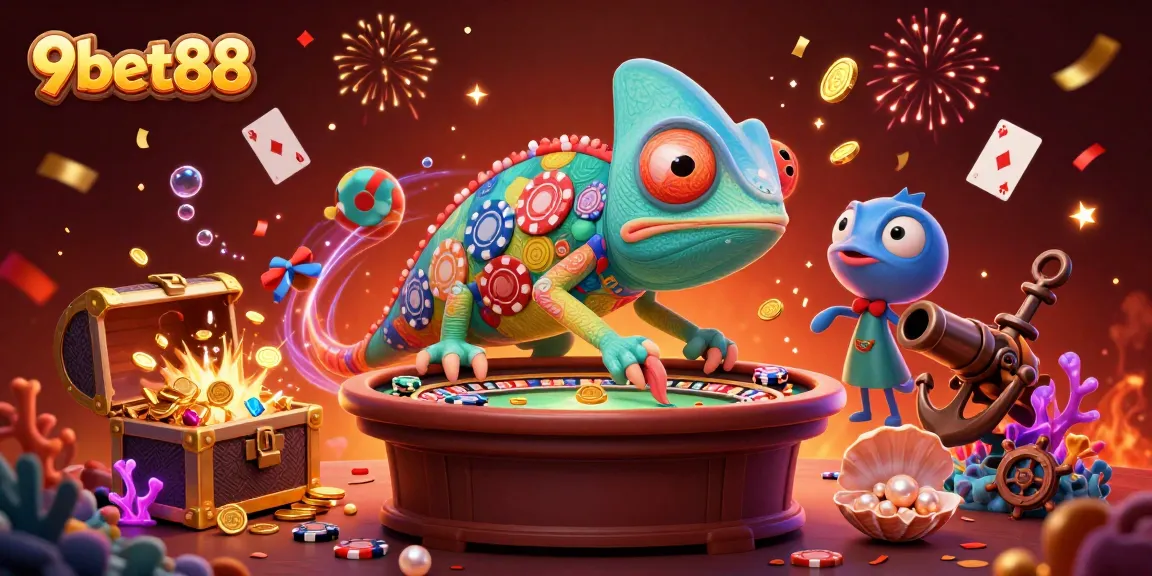 Engage with vibrant gaming action at 9bet88 casino featuring a colorful chameleon host and thrilling treasures.
