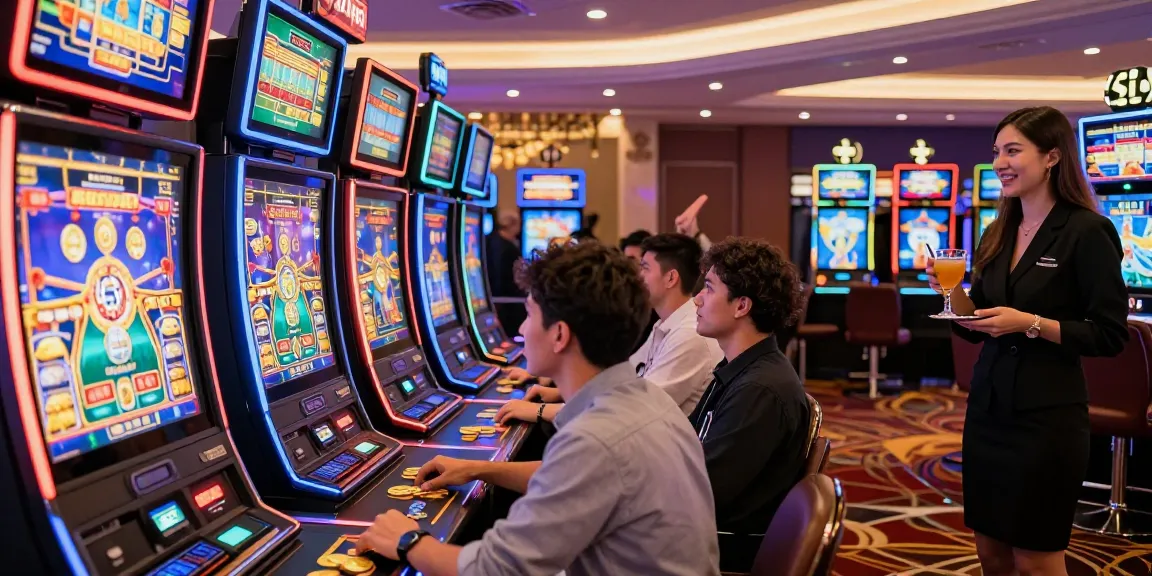 Engaged players at slot machines in a lively casino atmosphere.