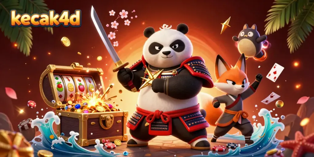 Engage with kecak4d, a vibrant illustration depicting a samurai panda, ninja fox, and spirit tanuki among casino excitement.