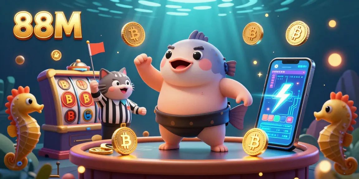 Engage with the lively underwater casino scene featuring 88M, with vibrant slot reels and crypto elements.