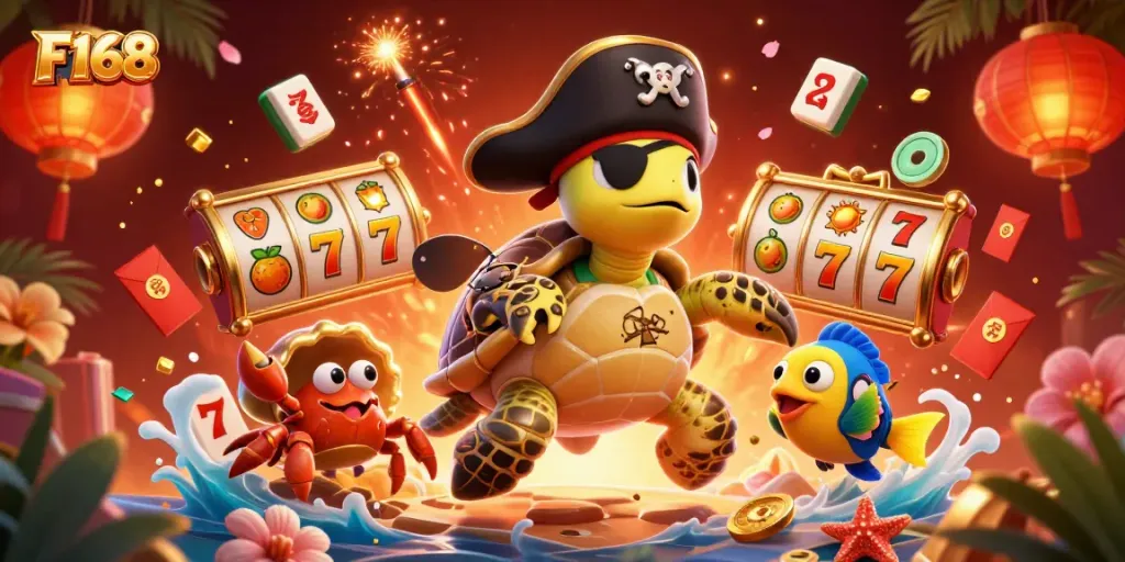 Experience exciting gaming adventures with F168, featuring a pirate turtle, treasures, and vibrant casino elements.