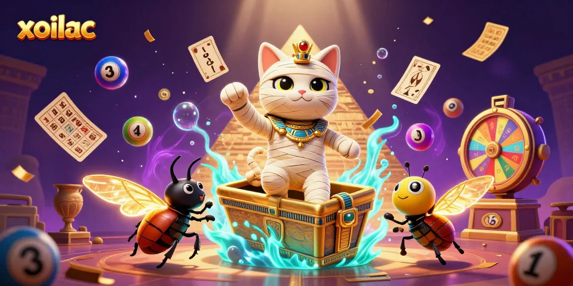 Xoilac brings excitement as the mummy cat bursts from a sarcophagus, showcasing vibrant lottery action and casino energy.