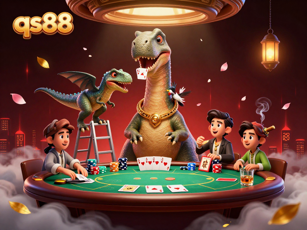 qs88 players gather at a vibrant casino table featuring a playful brontosaurus and raptor dealing cards