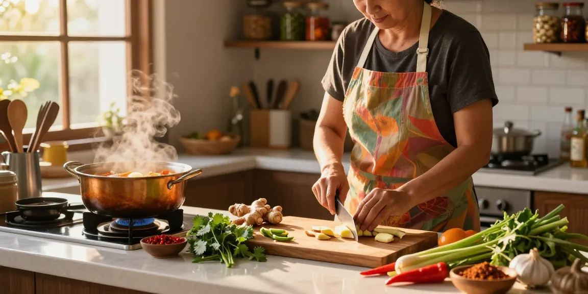 Chef preparing traditional Thai ginger dish with fresh ingredients in a warm kitchen scene, showcasing สล็อต cooking culture.