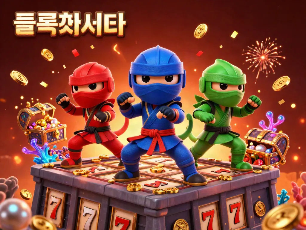 Experience the excitement of 슬롯사이트 with ninja chameleons and vibrant slot elements in this dynamic 3D scene.