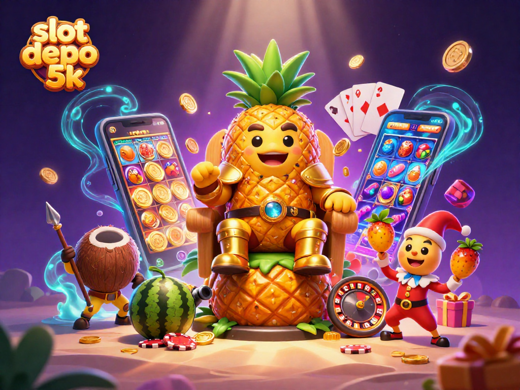 Experience the excitement of slot depo 5k with a carnival scene of vibrant, animated characters and casino elements.