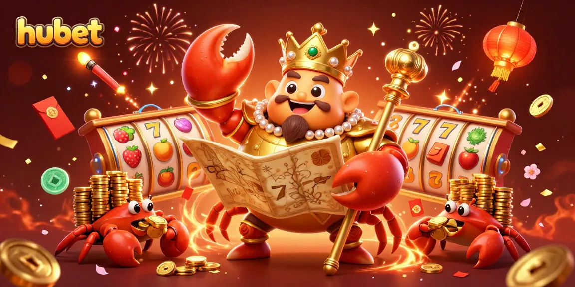 Engage with hubet's grand gaming experience featuring a golden crab emperor amidst vibrant slot elements.