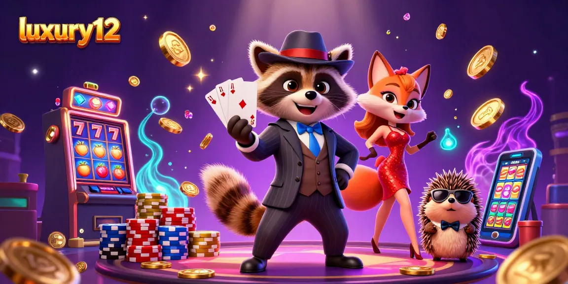 Play engaging games with luxury12 featuring vibrant slot machines, colorful chips, and gaming characters.