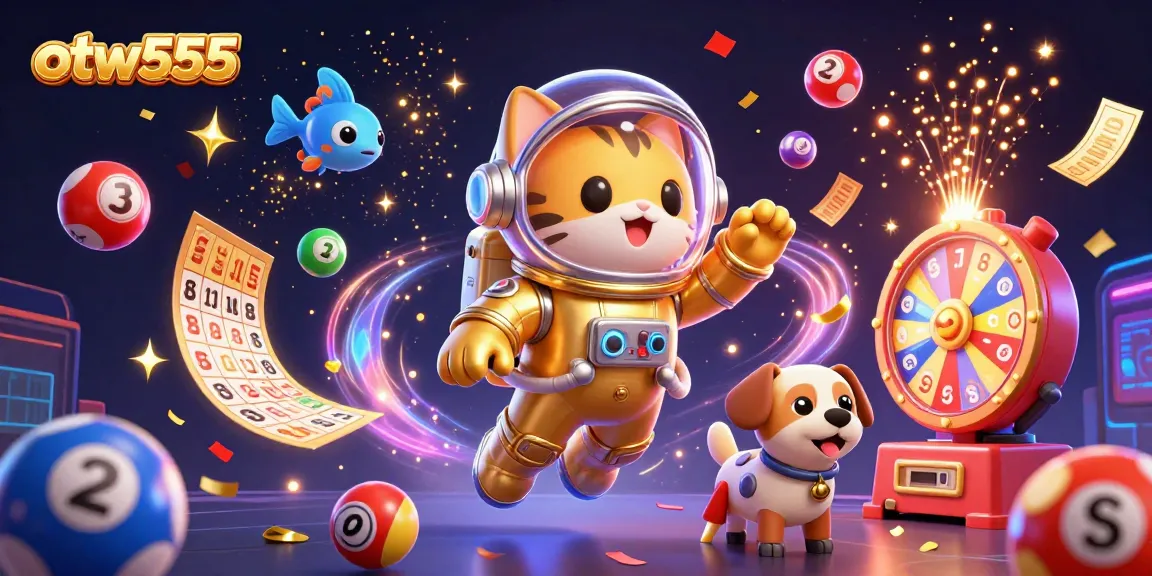 Join otw555 in thrilling lottery action as colorful elements float through a cosmic scene.