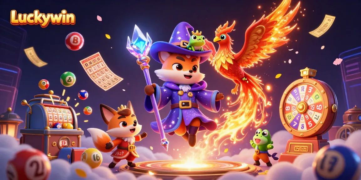 Engage with Luckywin's vibrant lottery and bingo experience, featuring mystical characters and dynamic game elements.