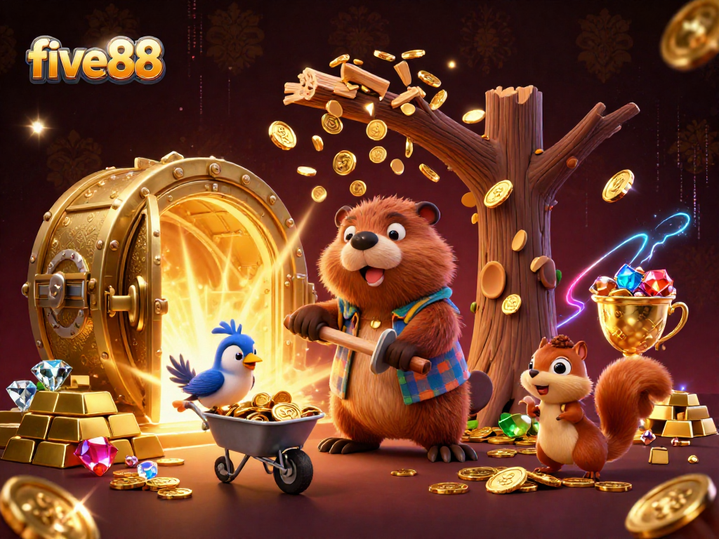 Engage with five88 by playing dynamic casino-themed games surrounded by animated golden treasures.