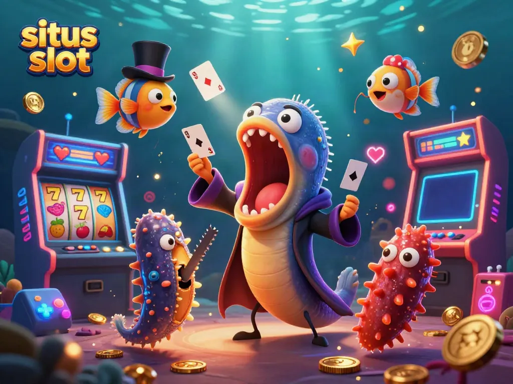 Experience situs slot excitement with a magical underwater casino scene featuring a gulper eel, anglerfish, and sea cucumber.