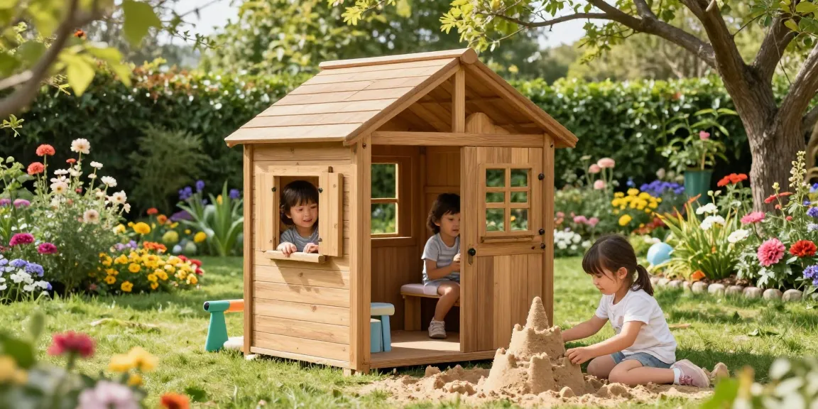 Children enjoying the outdoors in a garden with a Soulet playhouse.