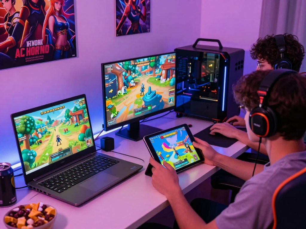 Experience dynamic porn games on devices in an inviting gaming setup, showcasing vibrant graphics and a fun atmosphere.