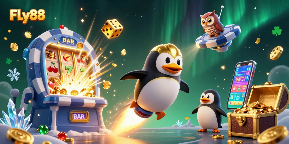 Fly88 users experiencing excitement with a golden penguin and vibrant casino elements.