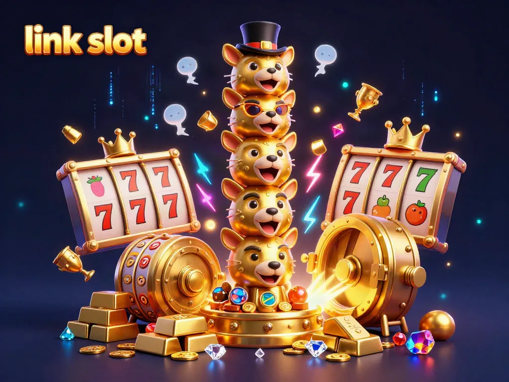 Funny 3D cartoon golden totem pole with casino accessories alongside slot elements, attracting link slot enthusiasts.