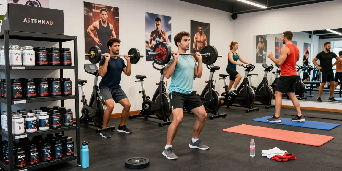 Astera Shop showcasing fitness enthusiasts using lab-tested steroids for workout enhancement in a vibrant gym.