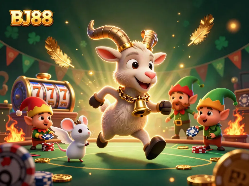 BJ88 Casino scene with mischievous elves, Krampus goat, and festive gaming elements.