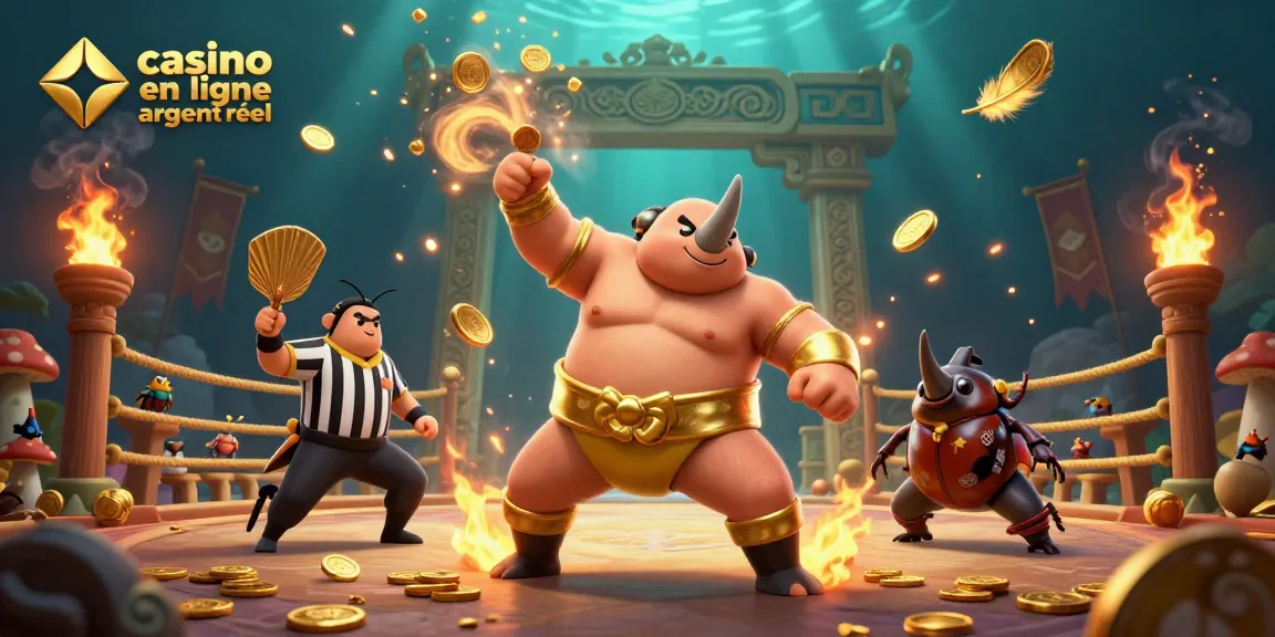 Casino en ligne argent réel : Illustration dynamique d'un combat dans une arène avec des combats de scarabées et des éléments de jeux.
