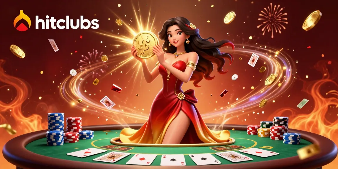 Hitclubs showcases a vibrant scene with an Asian woman holding a golden coin, surrounded by poker elements and winning atmosphere.
