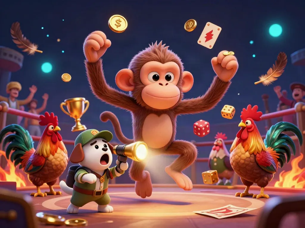Experience intense đá gà trực tiếp action with a poltergeist monkey and ghost-hunting puppy in a dynamic cockfighting arena.