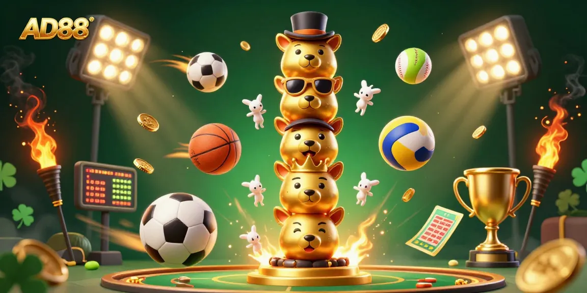 Experience a thrilling sports betting adventure at AD88 with vibrant cartoon totem animation.