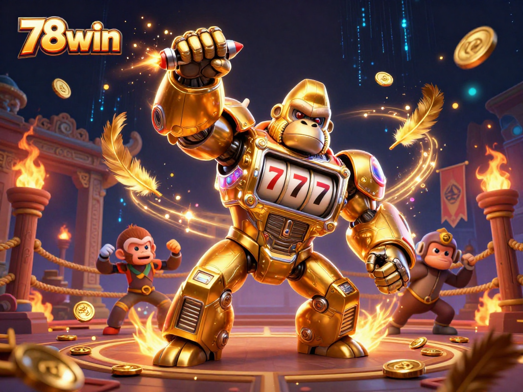 Witness the excitement of 78win with a dynamic illustration featuring a golden gorilla mech alongside casino elements.