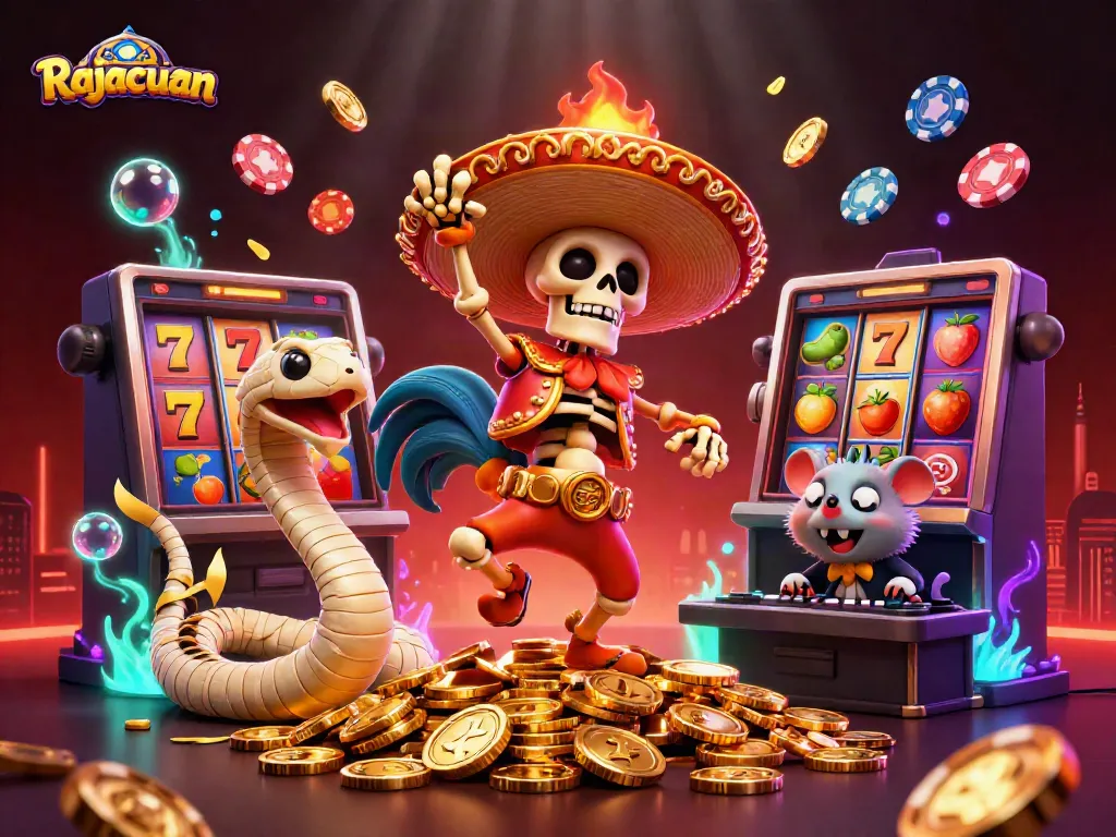 Rajacuan celebrates winning spins with a vibrant casino scene filled with luck and excitement.
