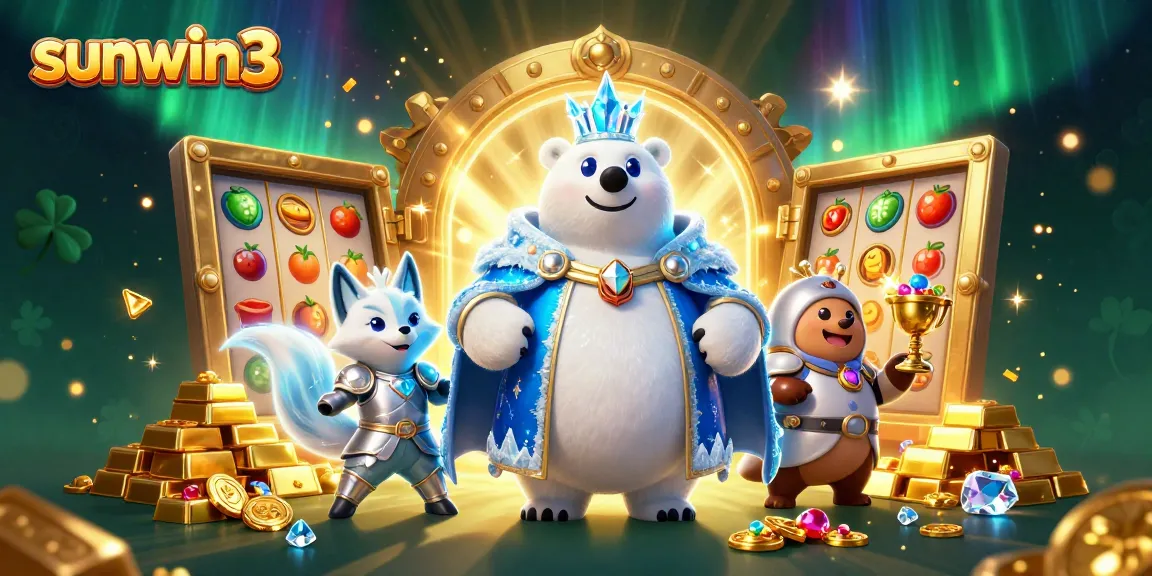 Experience the thrill of sunwin3 with an exhilarating 3D casino scene featuring a polar bear and a snow fox in a treasure-filled dynamic artwork.