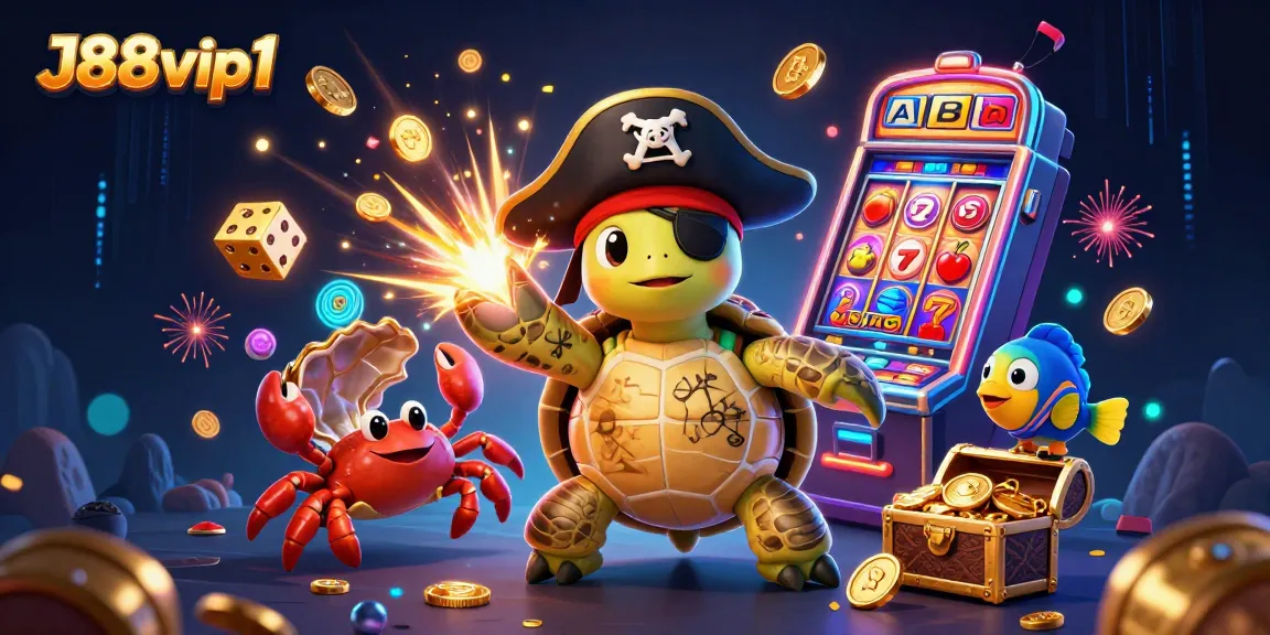 Experience J88vip1's thrilling slot scene with a pirate turtle, crab, and parrotfish among floating jackpots.