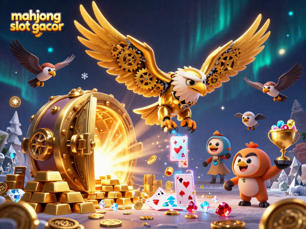 Experience mahjong slot gacor with a dynamic scene of a golden eagle soaring through treasures and cards.