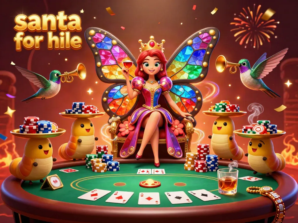 Engaging artwork of a colorful butterfly queen in a festive casino setting, capturing the spirit of 'santa for hire'.