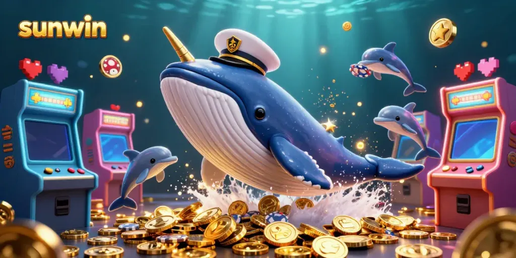 Experience the excitement of sunwin with a playful scene featuring a whale, narwhal, and dolphins amidst casino elements.